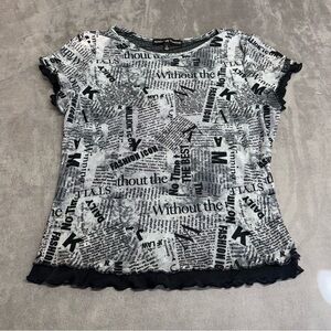 Almost Famous Juniors Newspaper Print Short Sleeve sheer Top Size L Y2K